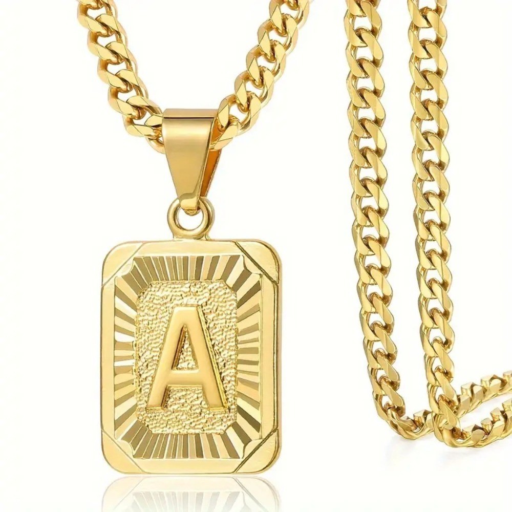 Gold Stainless Steel Cuban Chain Square Capital Initial Letter Pendant Necklace