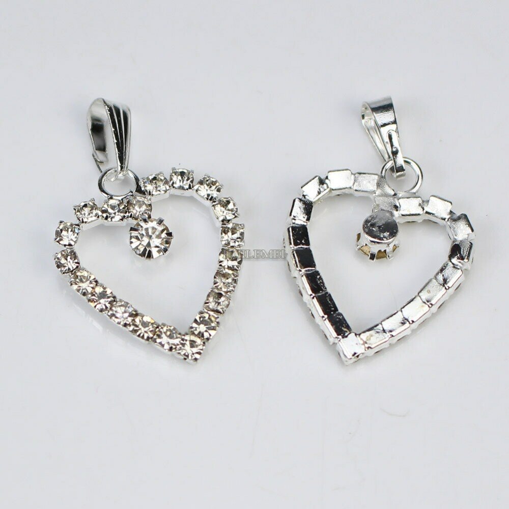 20pcs/lot 23x19mm Silver Plated Czech Crystal Rhinestone Love Heart Pendant Bead