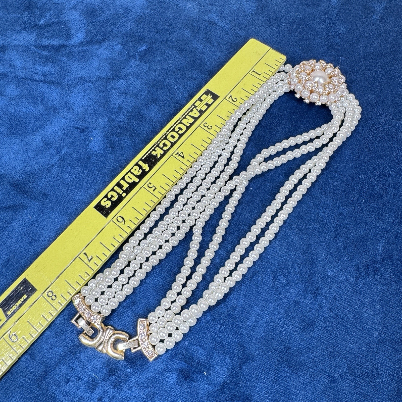 Faux Pearl Multi Strand Choker Necklace Gold Tone Floral Cluster Costume Jewelry
