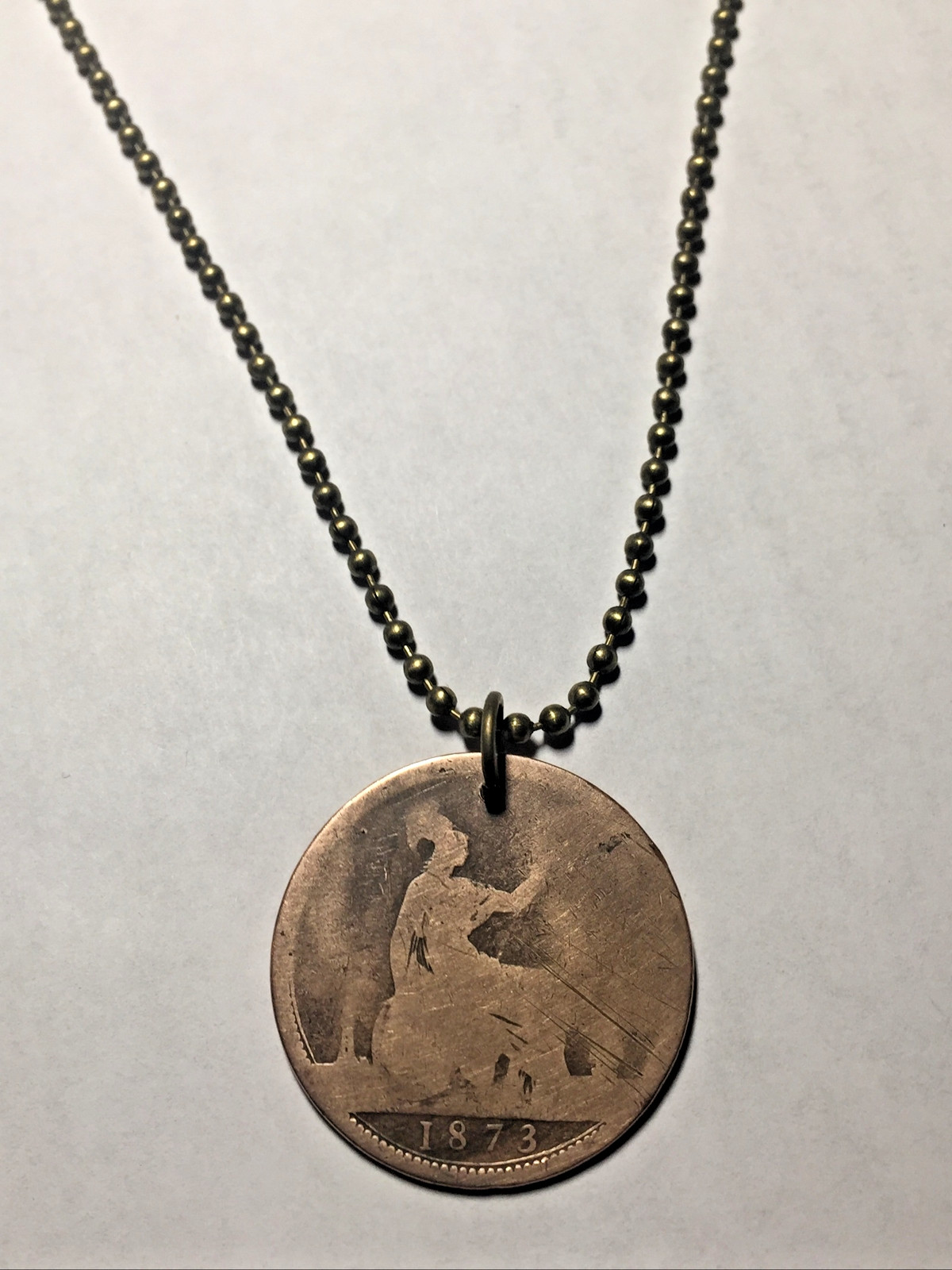 1873 UK Real Circulated 150 Year Old Large Penny Coin Pendant. Queen Victoria