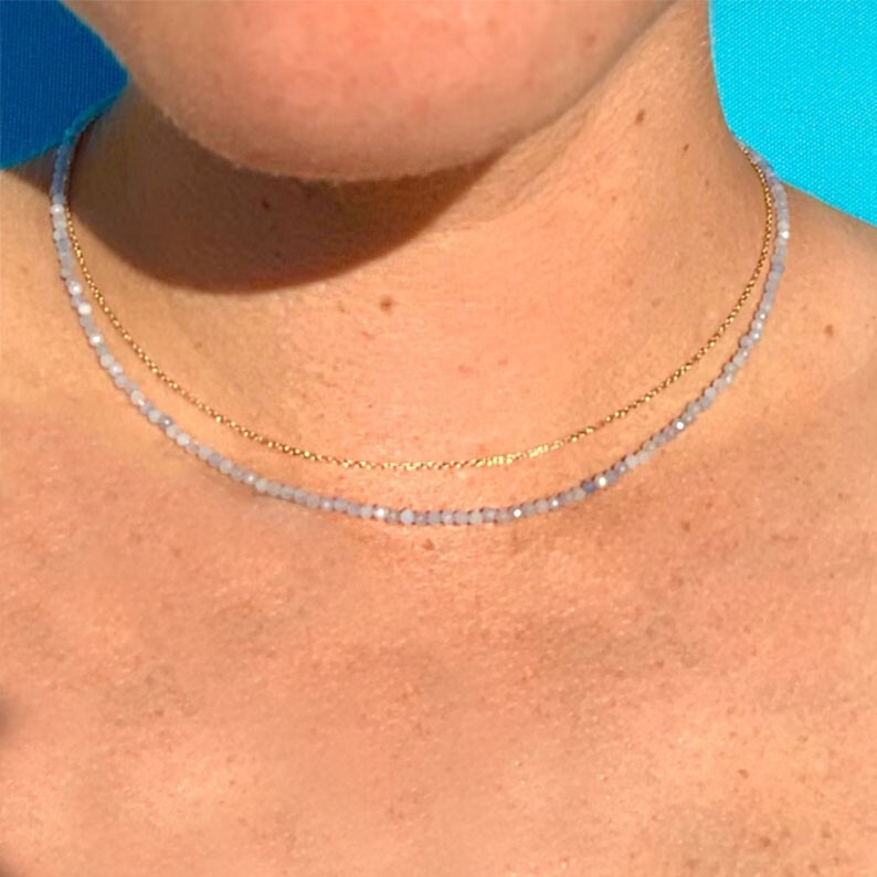 2mm Aquamarine Crystal Gemstone Faceted Beads Dainty Choker Necklace Minimalist