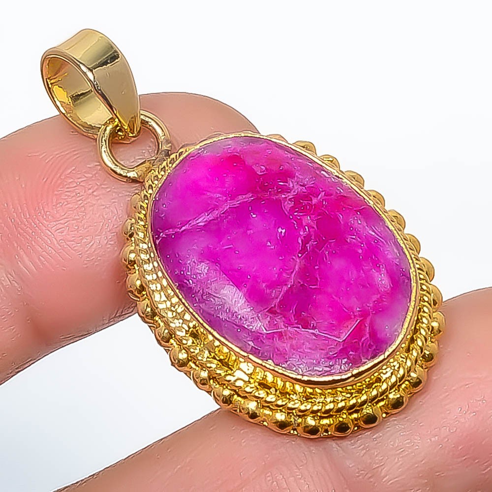 Ruby (Lab-Created) Gemstone 925 Silver Gold Plated Pendant 1.56″ P7622-267