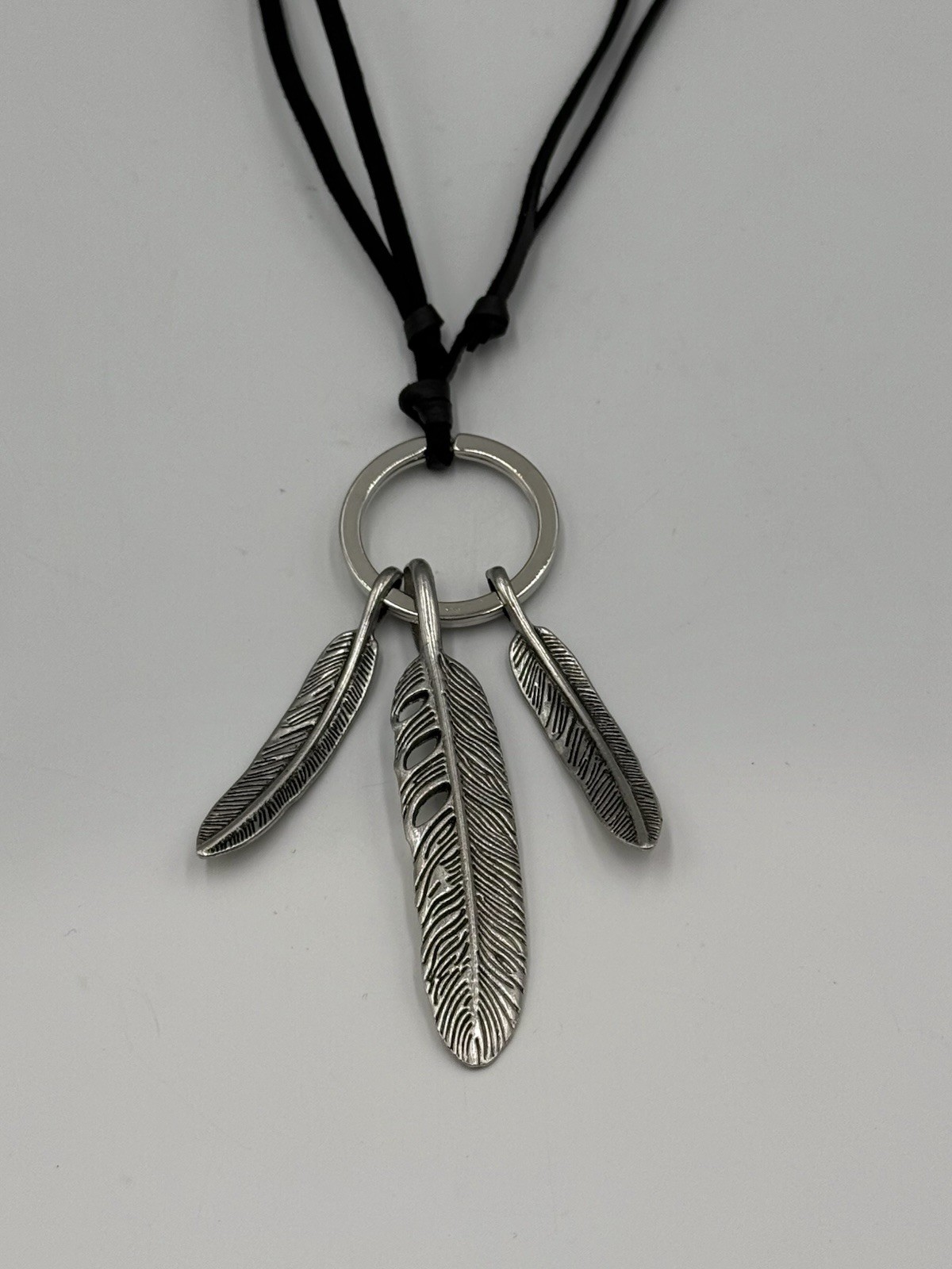 Boho Black Faux Suede Cord Necklace Silver Tone Triple Feather Pendant