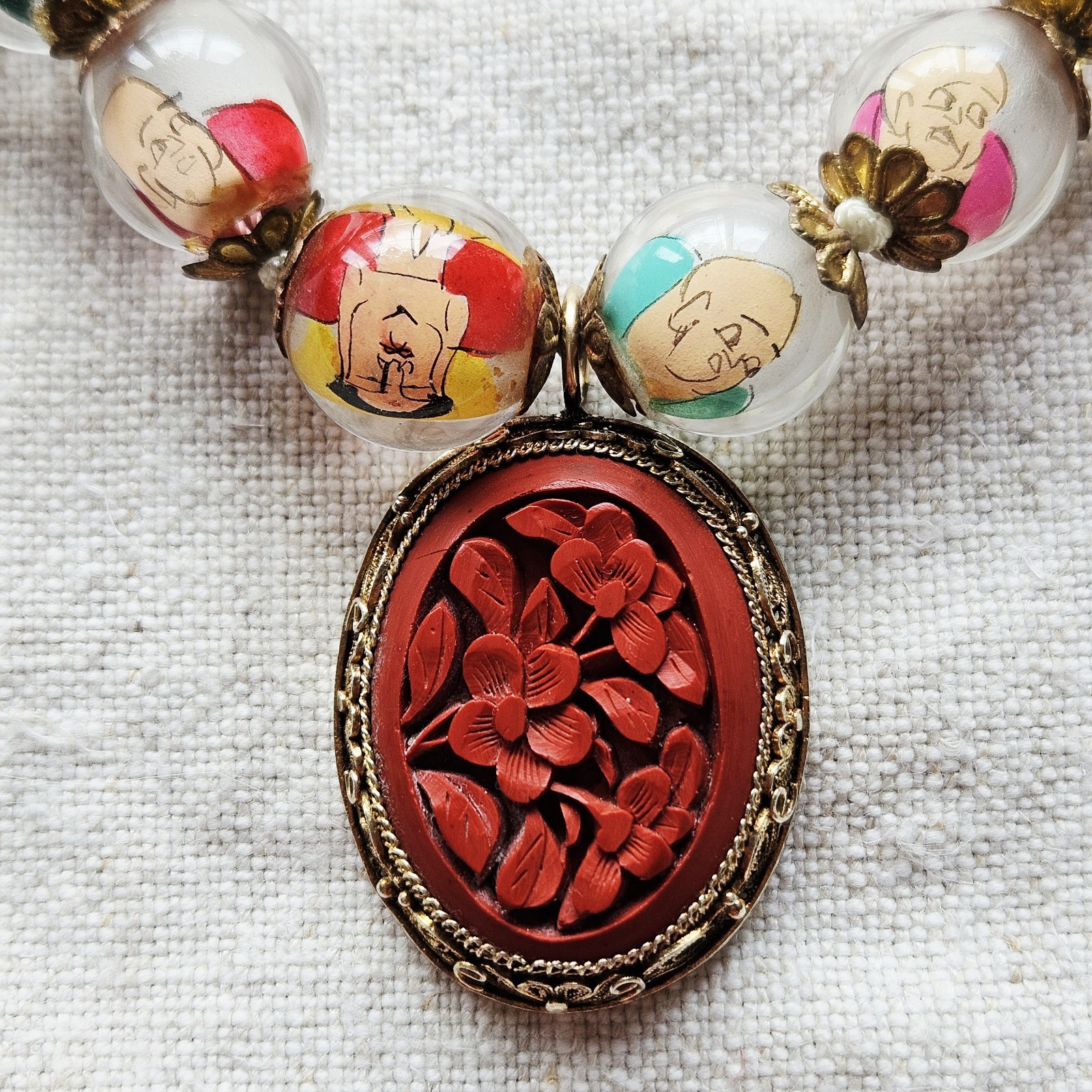 Chinese Prayer Buddha Glass Reverse Painted Beaded Cinnabar Pendant Necklace