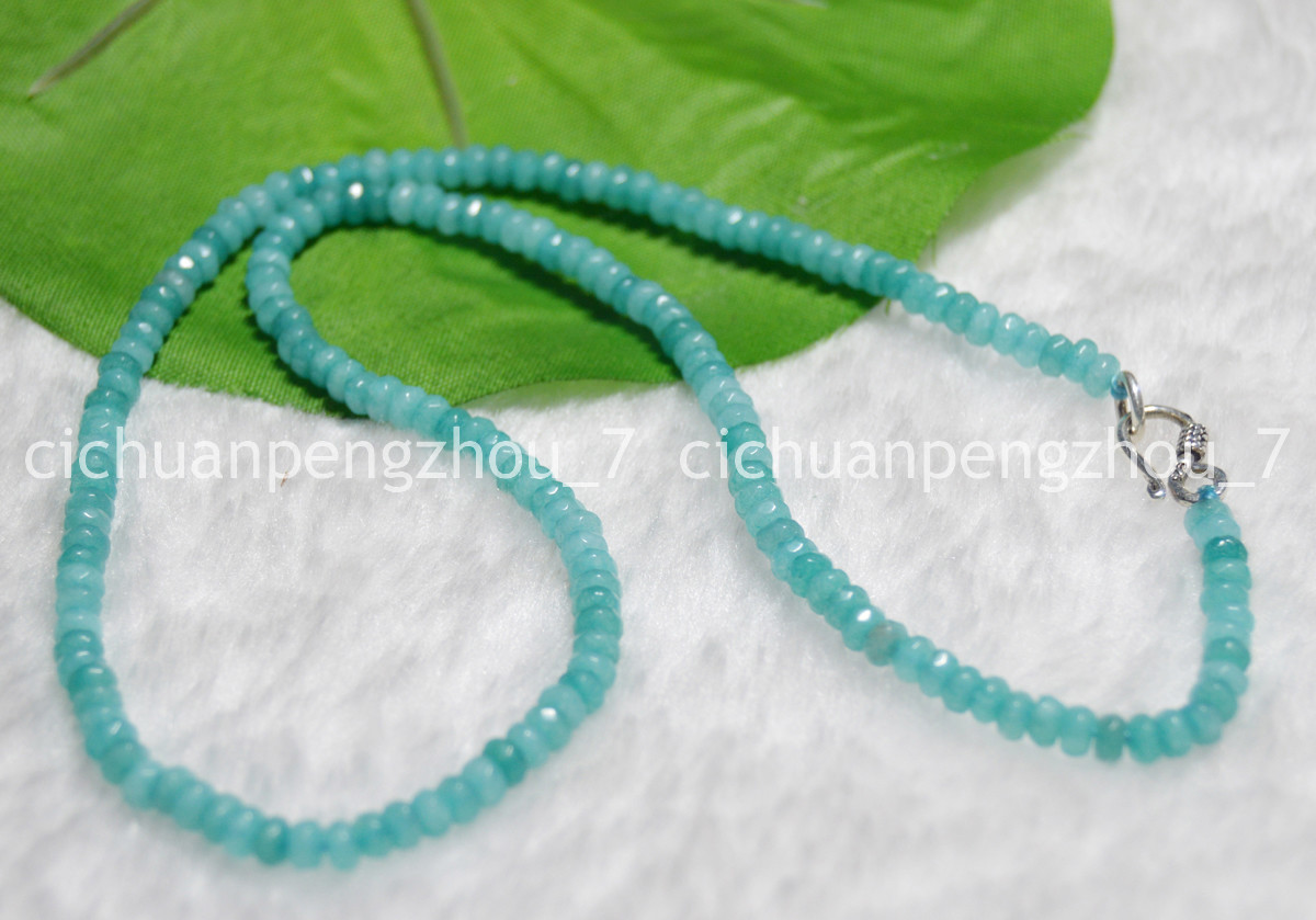 Faceted 2x4mm Blue Aquamarine Rondelle Gems Beads Necklace 18/24” Silver Clasp
