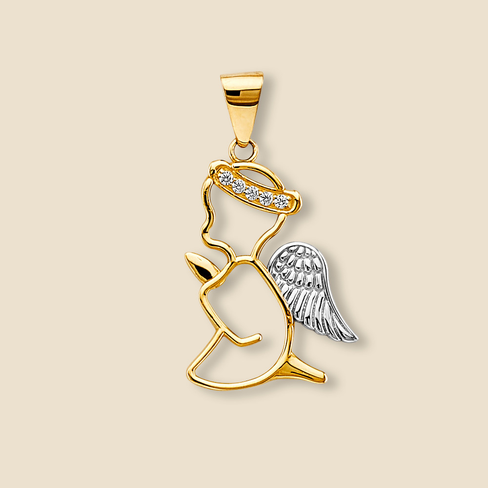 14K Two-Tone Gold Angel Pendant with CZ Accents 28x15mm Charm 1.3g