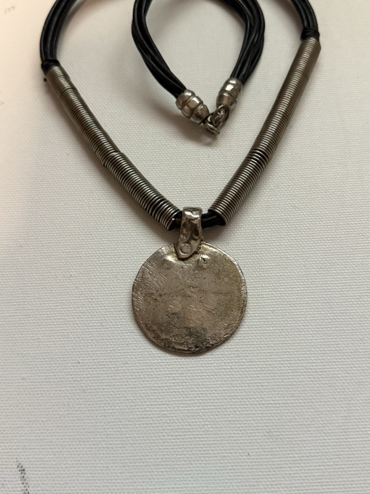 Vintage Handmade Ethnographic White Metal Amulet Pendant Necklace