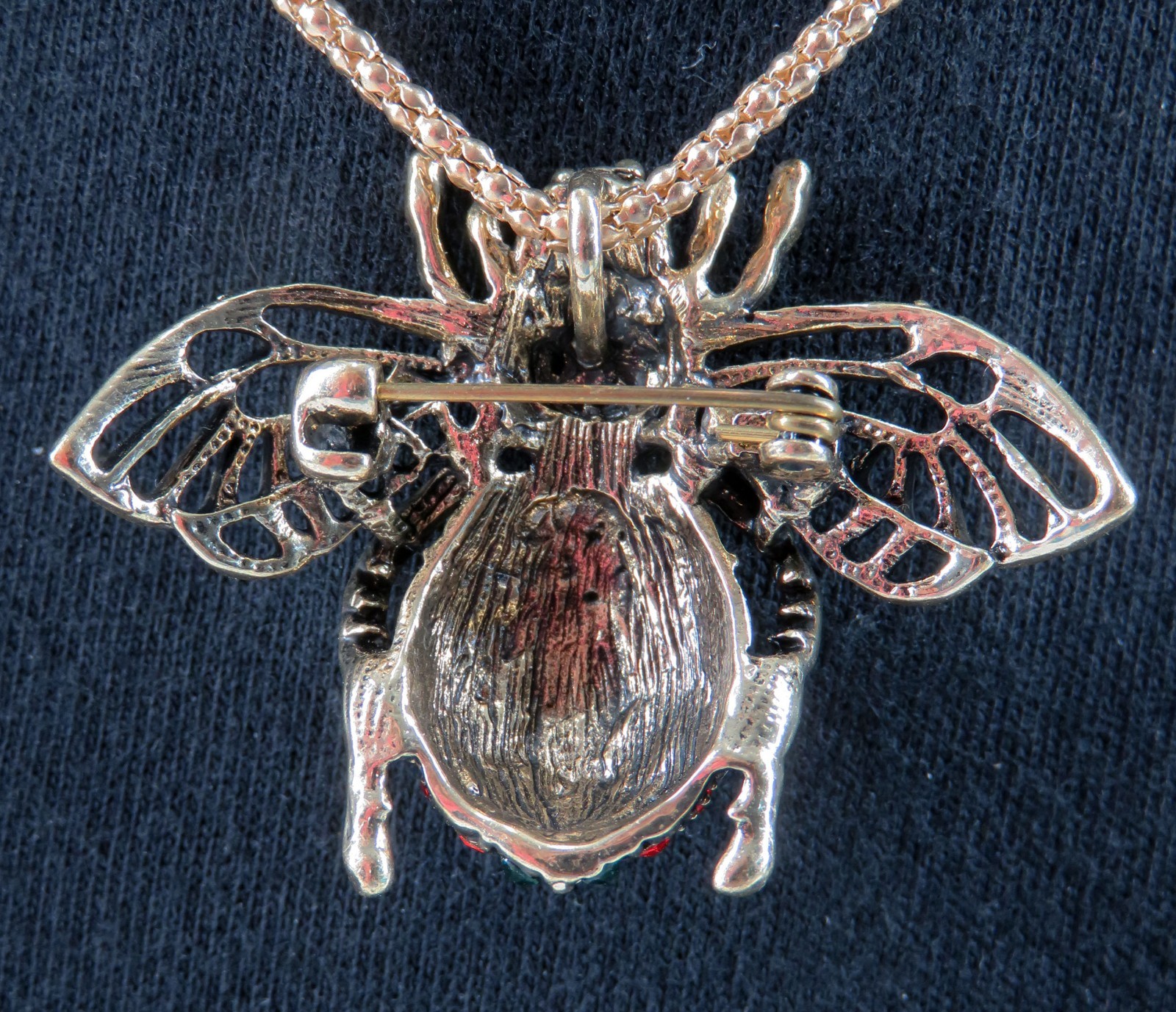 NWT-Betsey Johnson Red & Green Crystal Bee Pendant/Brooch on Goldtone Necklace