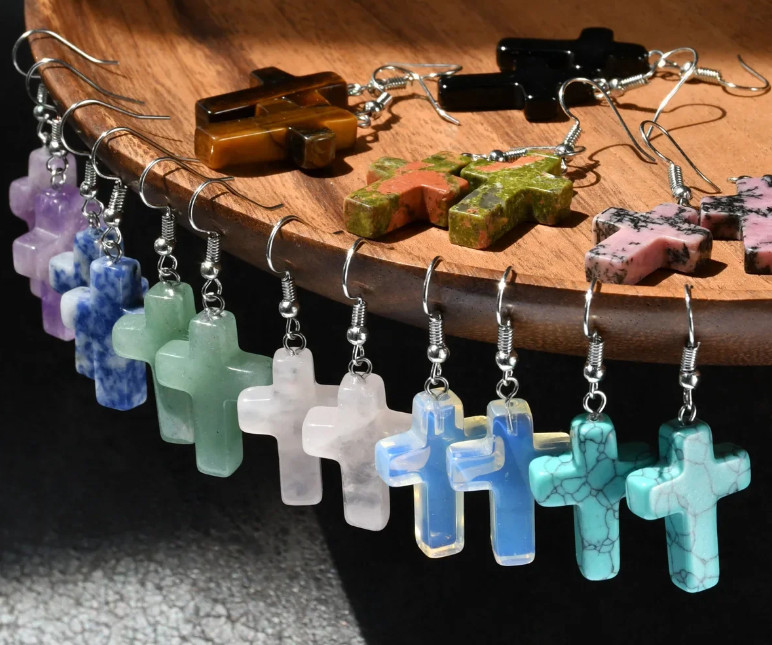 10 Pairs 24x18mm Natural Mixed Gemstone Cross Pendant Beads Earring
