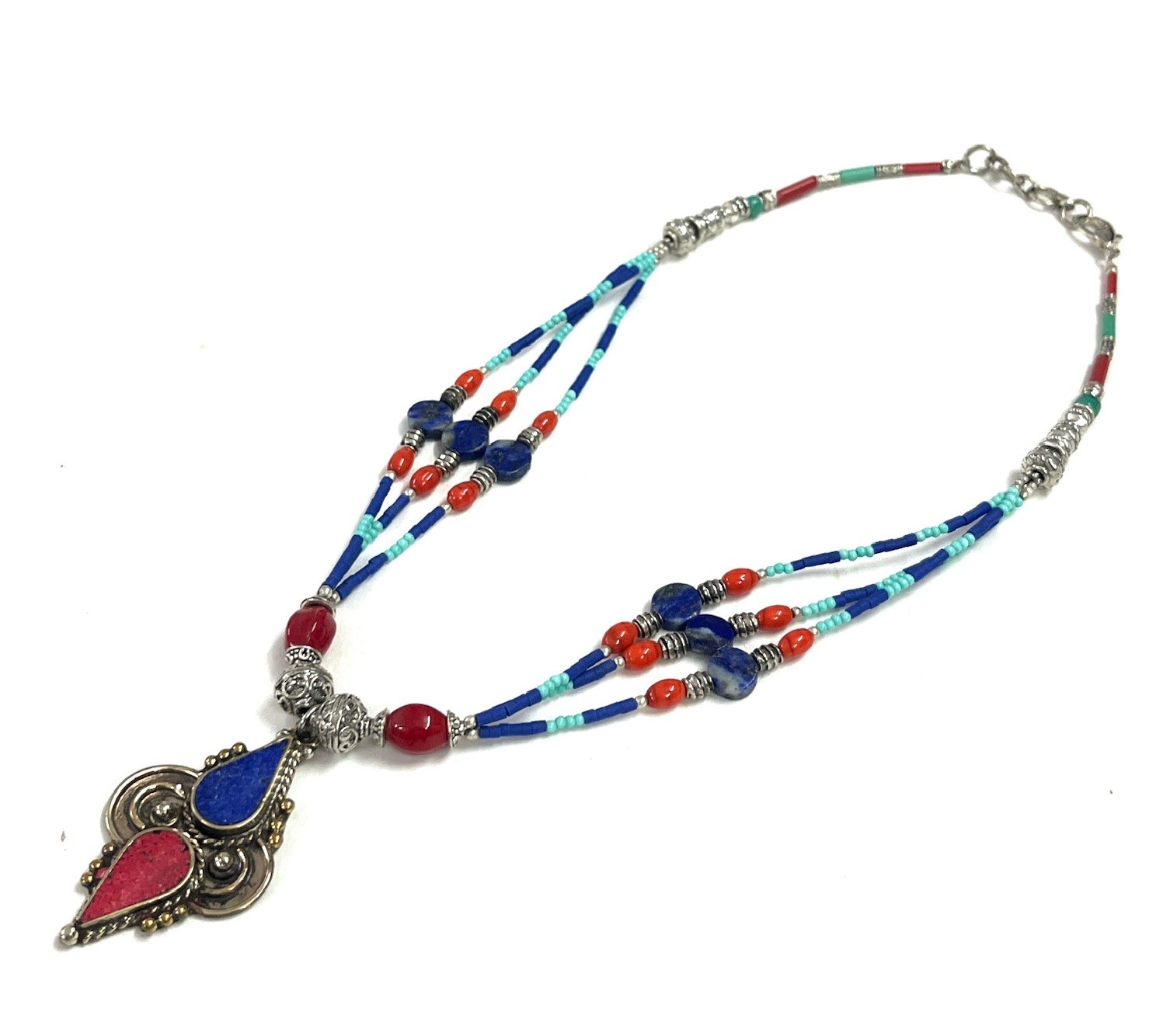 Antique Lapis Coral Gemstone Tibetan Statement Necklace Jewelry, 17 inch Adj