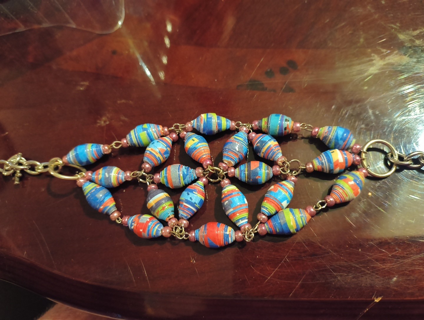 Vtg Paper Beaded Bracelet Colorful Cuff Boho Tribal 70s