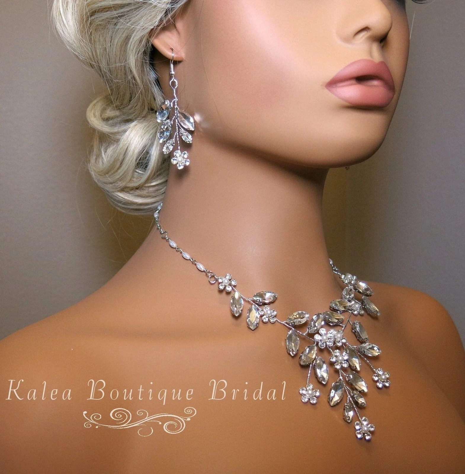 Wedding 3 PC Crystal Wire Jewelry Set, Bridal Floral Gem Necklace and Earrings