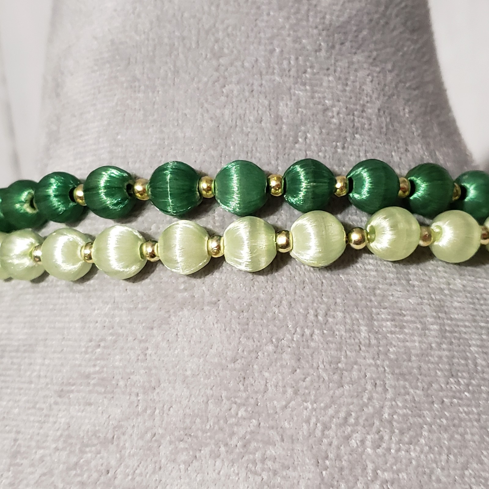 VTG Bead Necklaces Set of 2 Green Silk Satin Wrapped Boho Coquette Retro Artsy