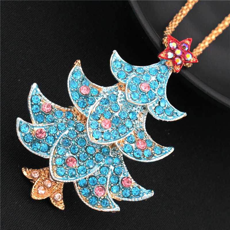 Fashion Lady Blue Star Bling Christmas Tree Crystal Pendant Women Necklace