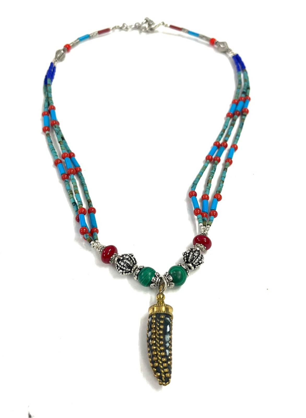 Turquoise Red Coral Gemstone Tibetan Bohemian Necklace Jewelry, 17 inch Adju