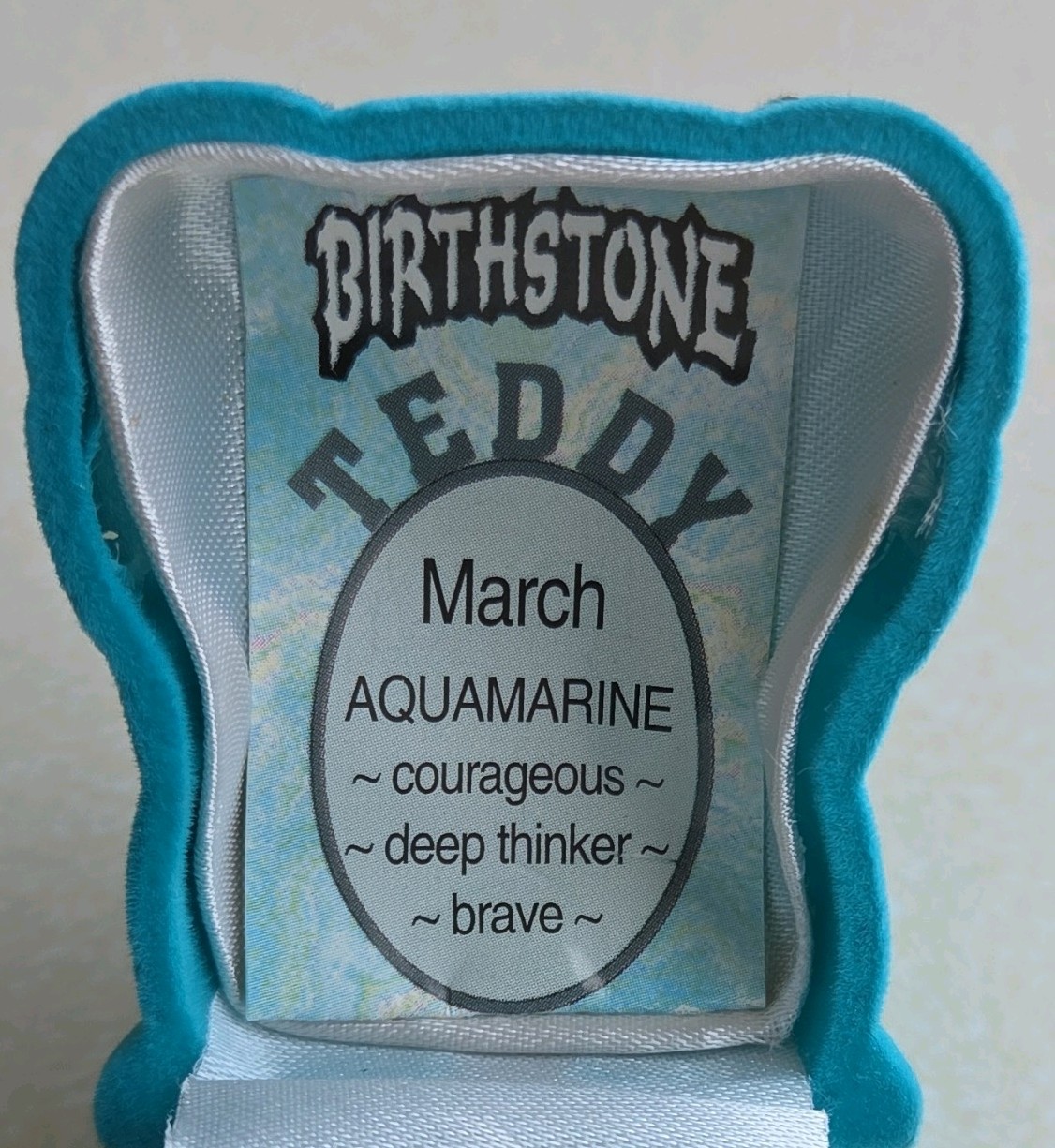 March Aquamarine Birthday Rhinestone Birthstone Teddy Bear Gold Tone Necklace