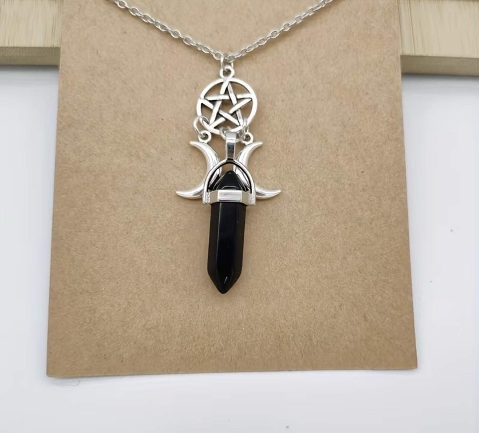 Authentic Onyx Crystal Pendant Necklace, Pentacle, Triple Moon Pendant