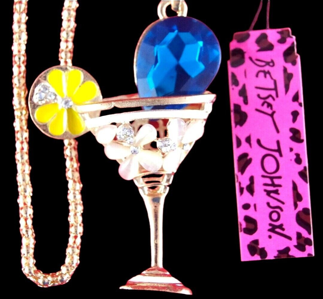 Betsey Johnson Crystal Blue Garnish Margarita 3D Pendant Necklace Free Gift Bag