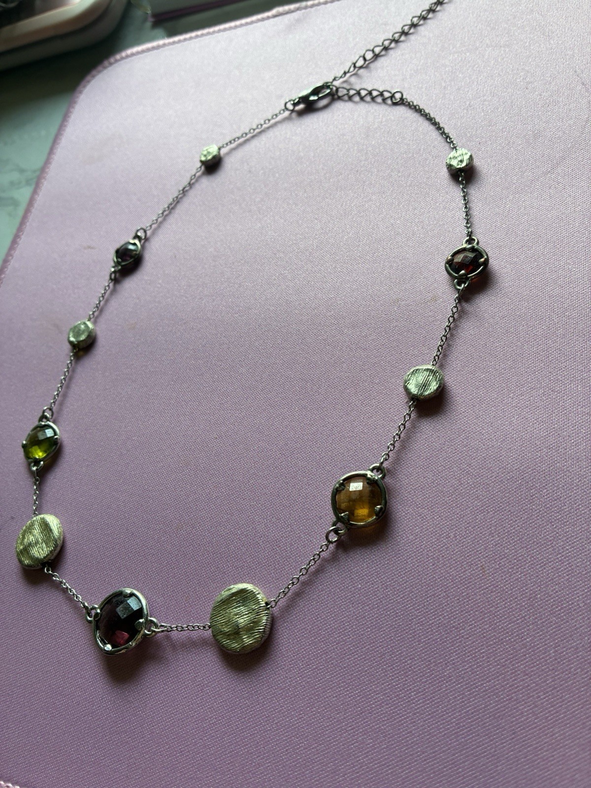 Silver-Tone Station Cable Chain Necklace Bezel Multicolor Round Glass Adjustable