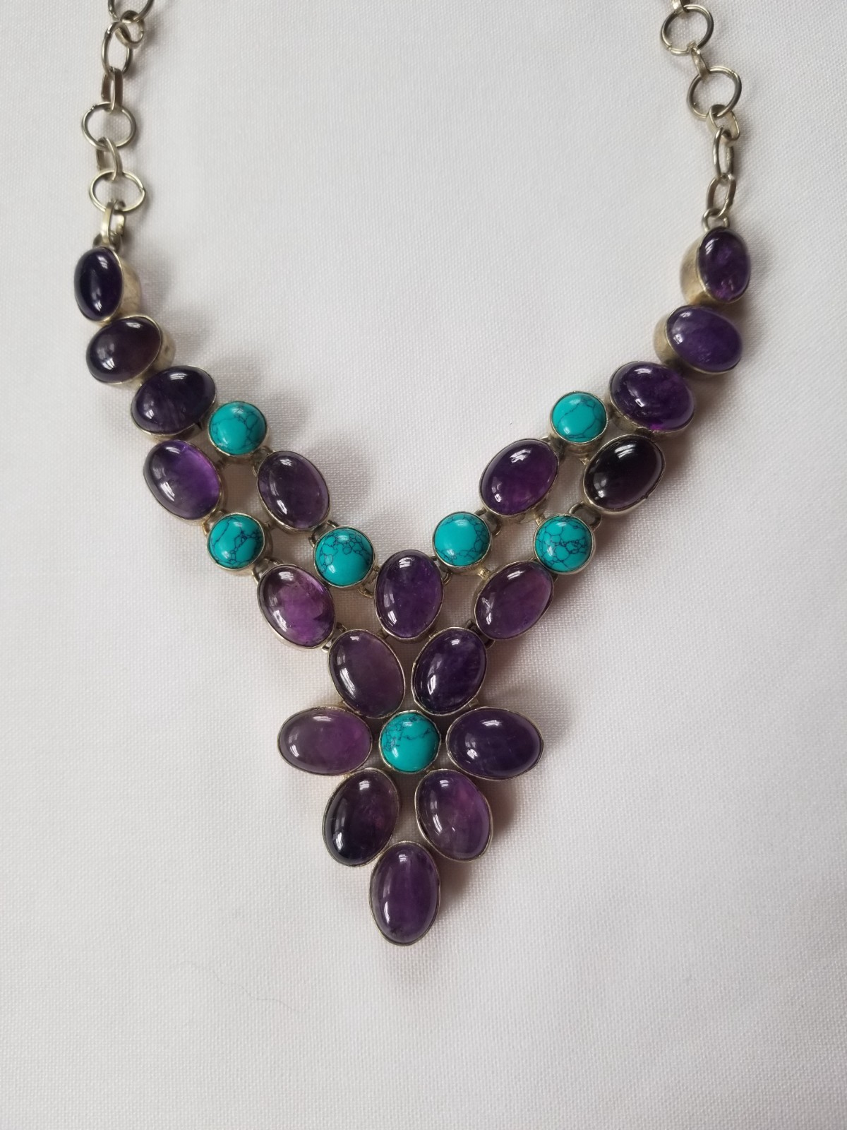 Multi Gemstone Flower Bib Statement Necklace Silver Amethyst Turquoise Handmade