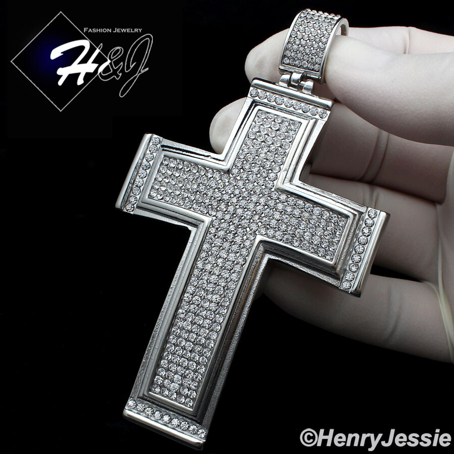 18-40″MEN Stainless Steel 5mm Silver Box Link Chain BIG ICY CZ Cross Pendant*I20