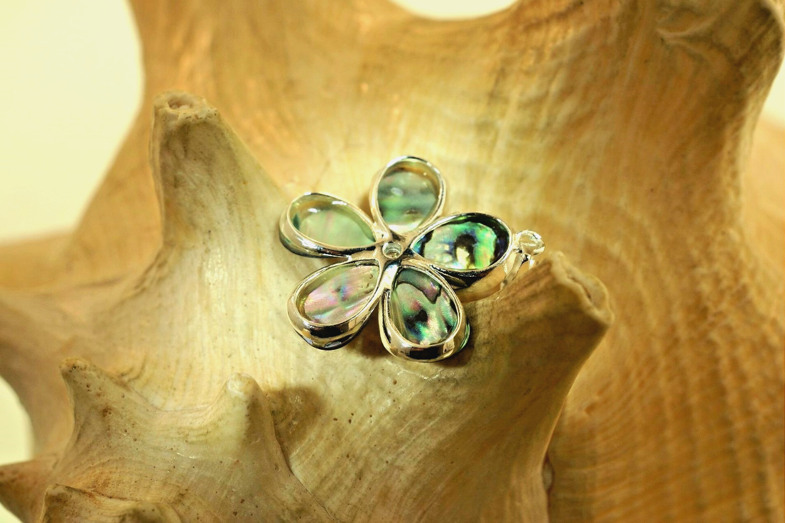 26mm Hawaiian Sterling Silver Paua Abalone Plumeria Frangipani Flower CZ Pendant
