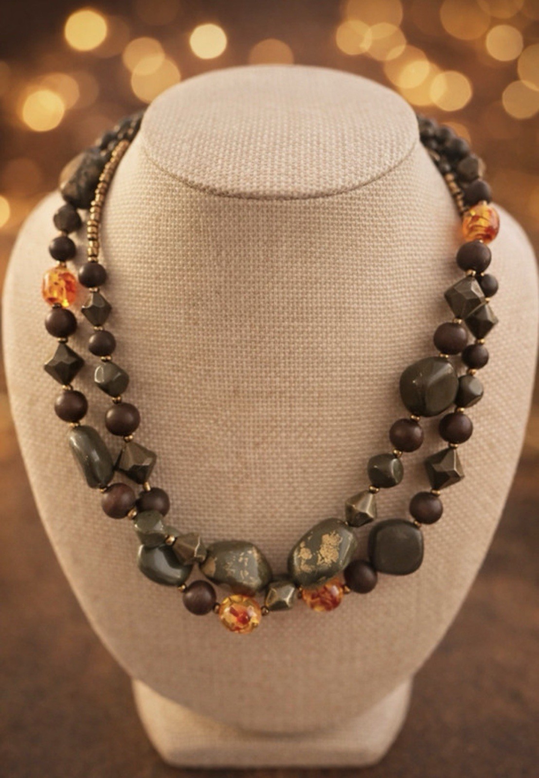 Vintage Beaded Necklace Ball/Chain Brown Gray Amber