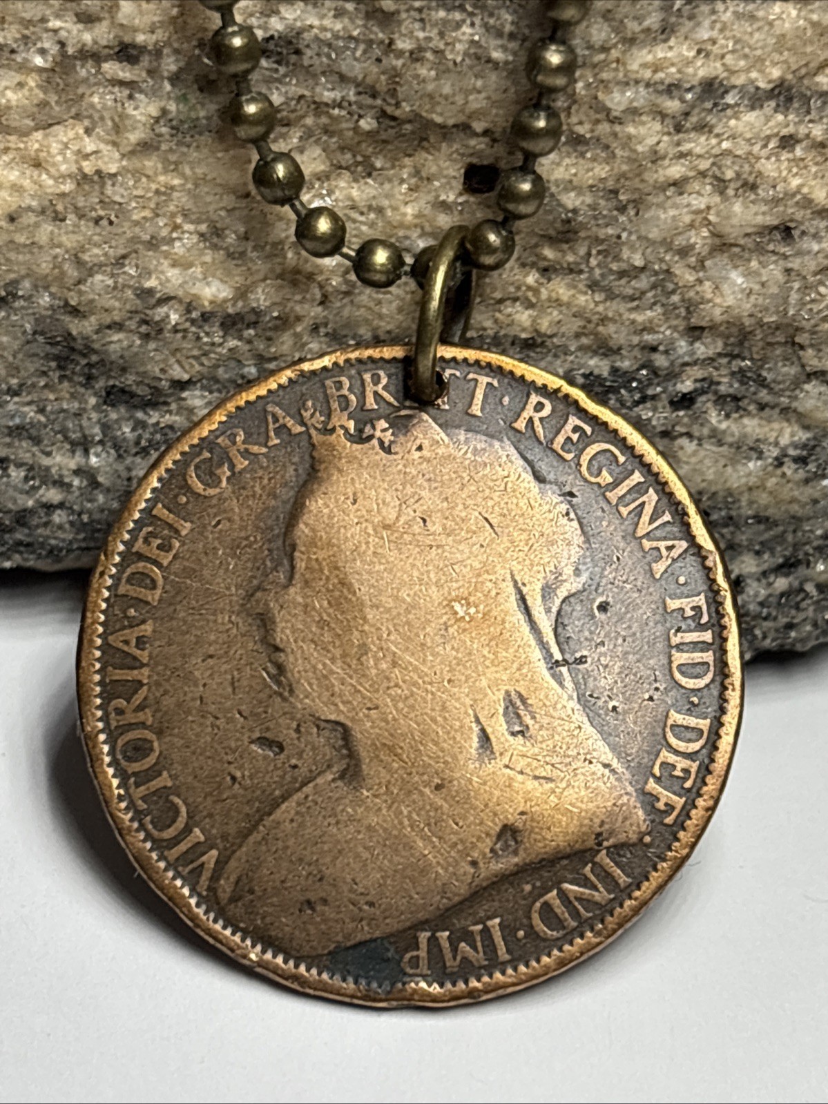 1896 UK Real Circulated P. Bronze Coin Pendant. Queen Victoria. Wear History!