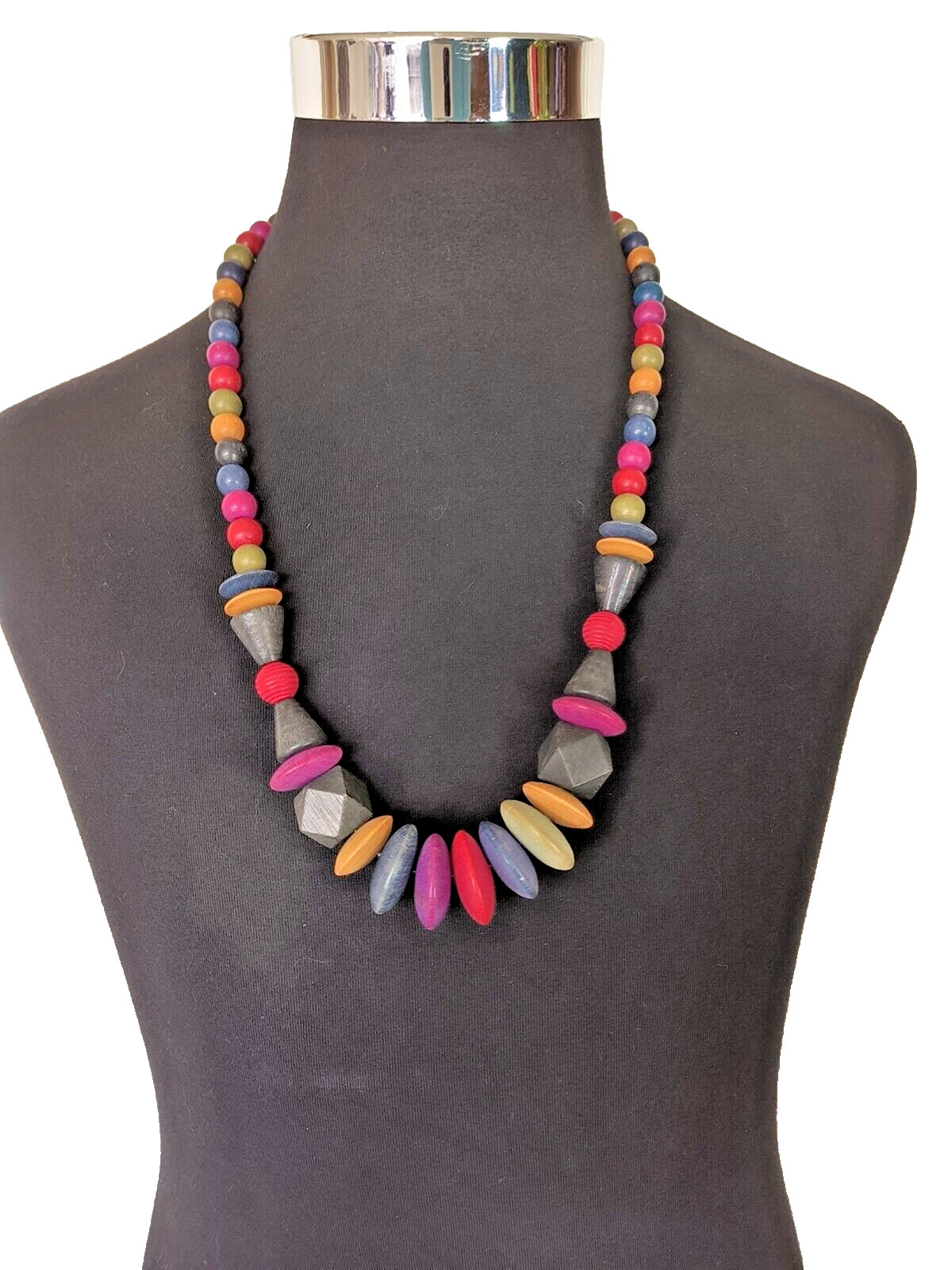Women’s Statement Necklace Multicolor Wooden Beads Assorted Sizes 15 in drop