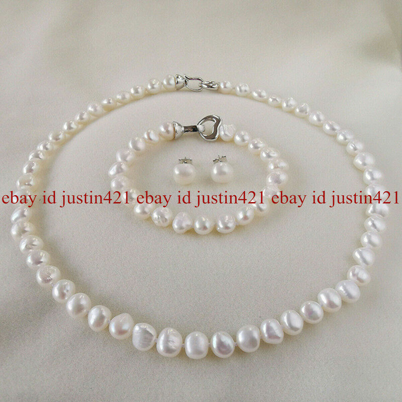 Natural 8-9mm White Freshwater Baroque Pearl Necklace 18” Bracelet Earrings Set