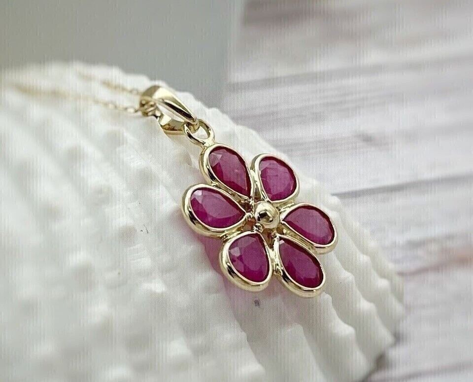 2Ct Pear Cut Simulated Red Ruby Flower Shape Pendant In 14K Yellow Gold Plated