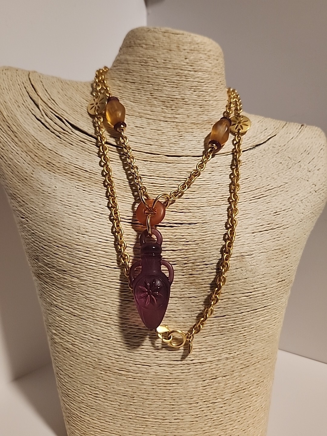 Vtg Liz Claiborne Purple Vase Gold Bakelite Bead Necklace 36″ Long