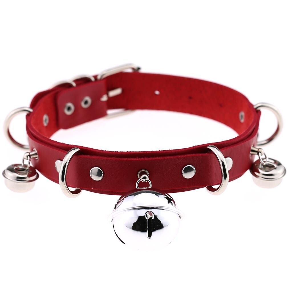 Allacki Punk Leather Choker Necklace Multilayer Bells Metal Chocker Collar
