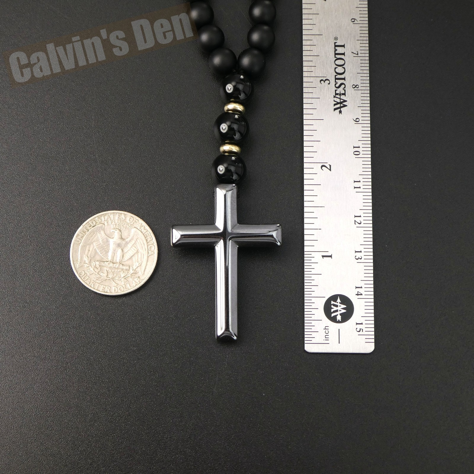 Matte Black Obsidian Polished Black Onyx Bead Cross Necklace Men Women Gift