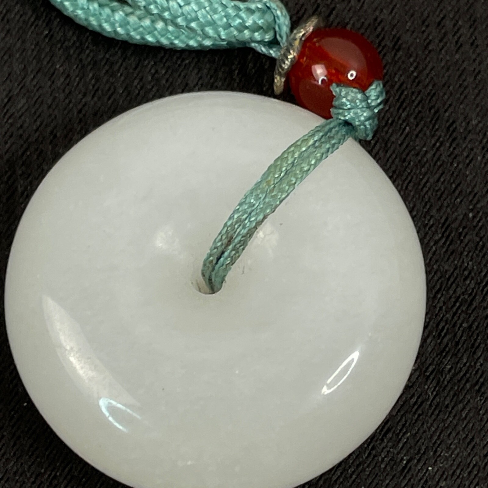 White Jade Quartz Donut Necklace Etched Chinese Happy & Prosperous Ships from US