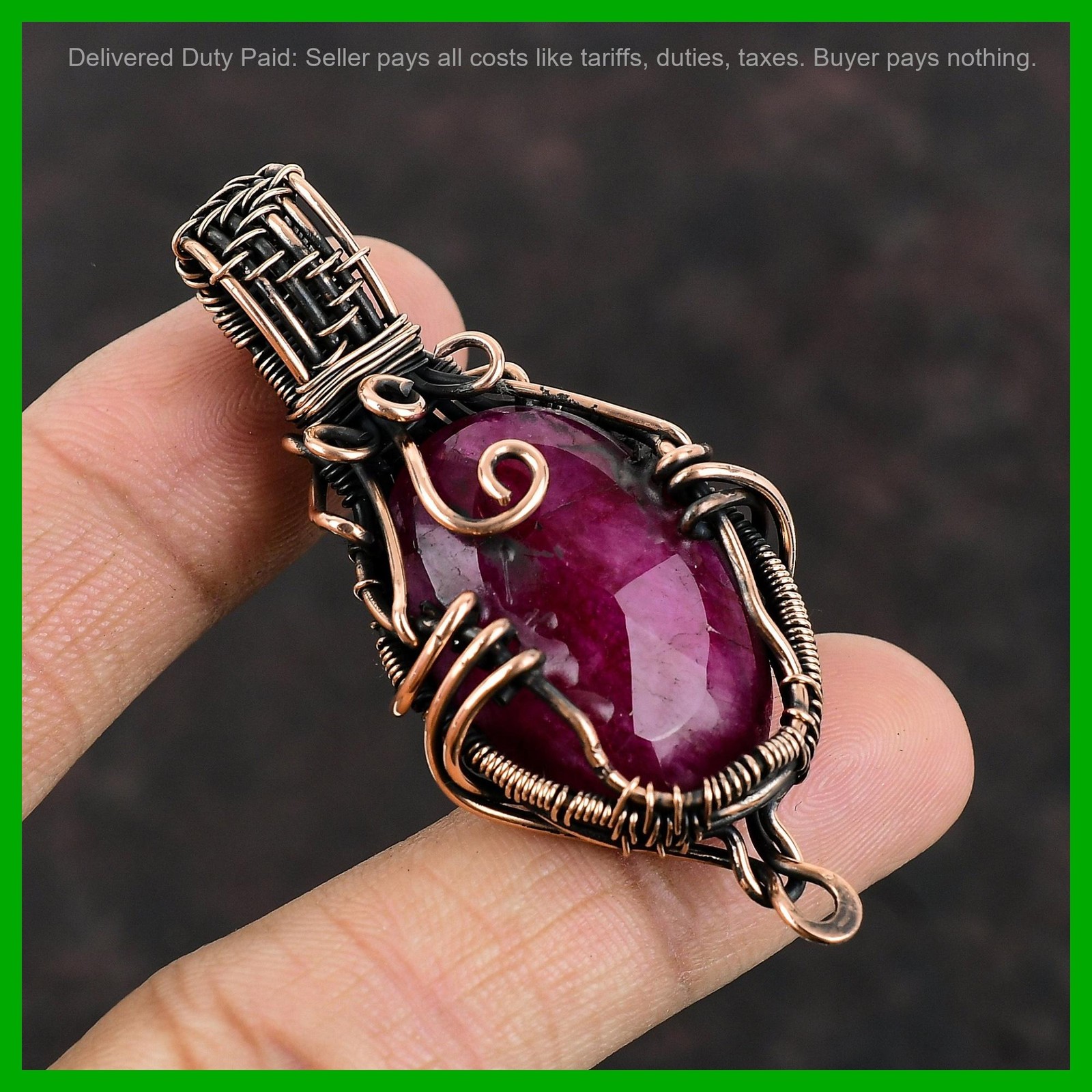 Copper Oval Kashmir Rubi Gemstone Anniversary Wire Wrapped Handcrafted Pendant