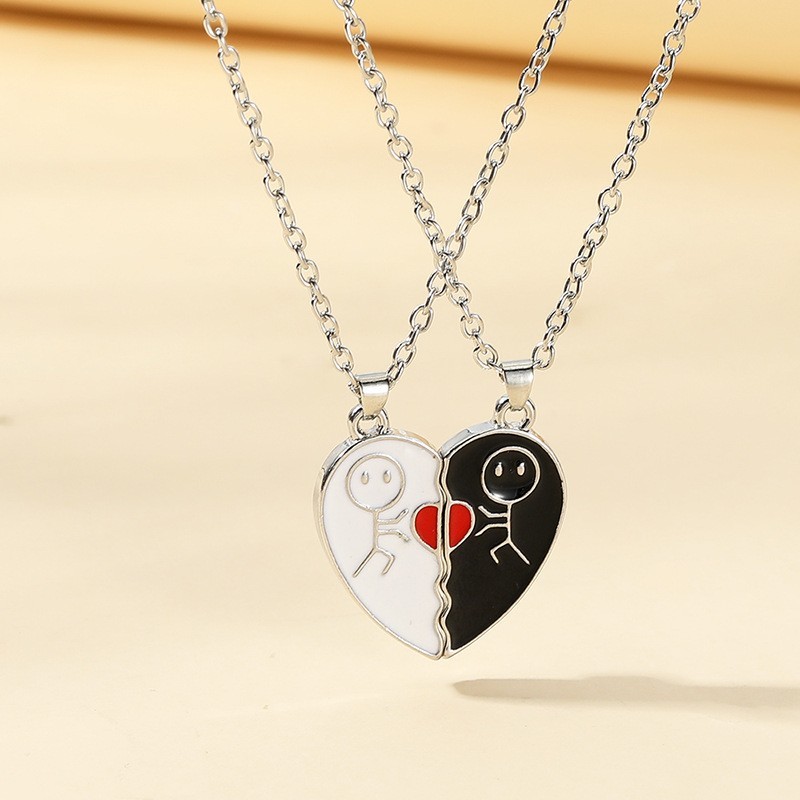 2pcs Magnet Matchstick People Lovers’ Black White Heart Pendant Chain Matching N