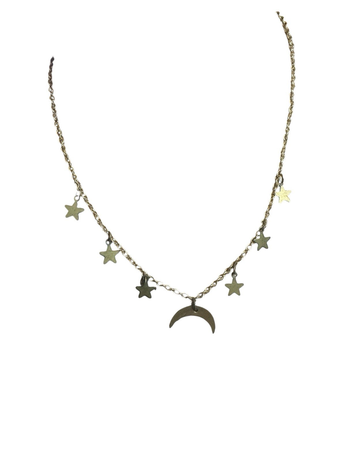 Gold Tone Dainty Dangle Star Moon Celestial Charm Chain CHOKER 16”Necklace