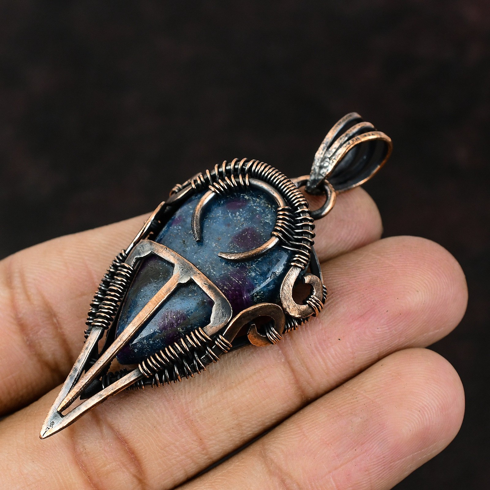 Halloween Deal Rubi In Blue Kyanite Gemstone Wire Wrapped Pendant Jewelry Copper