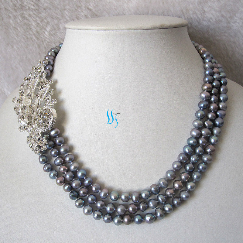 18-20″ 6-7mm Gray 3Row Freshwater Pearl Necklace X2327
