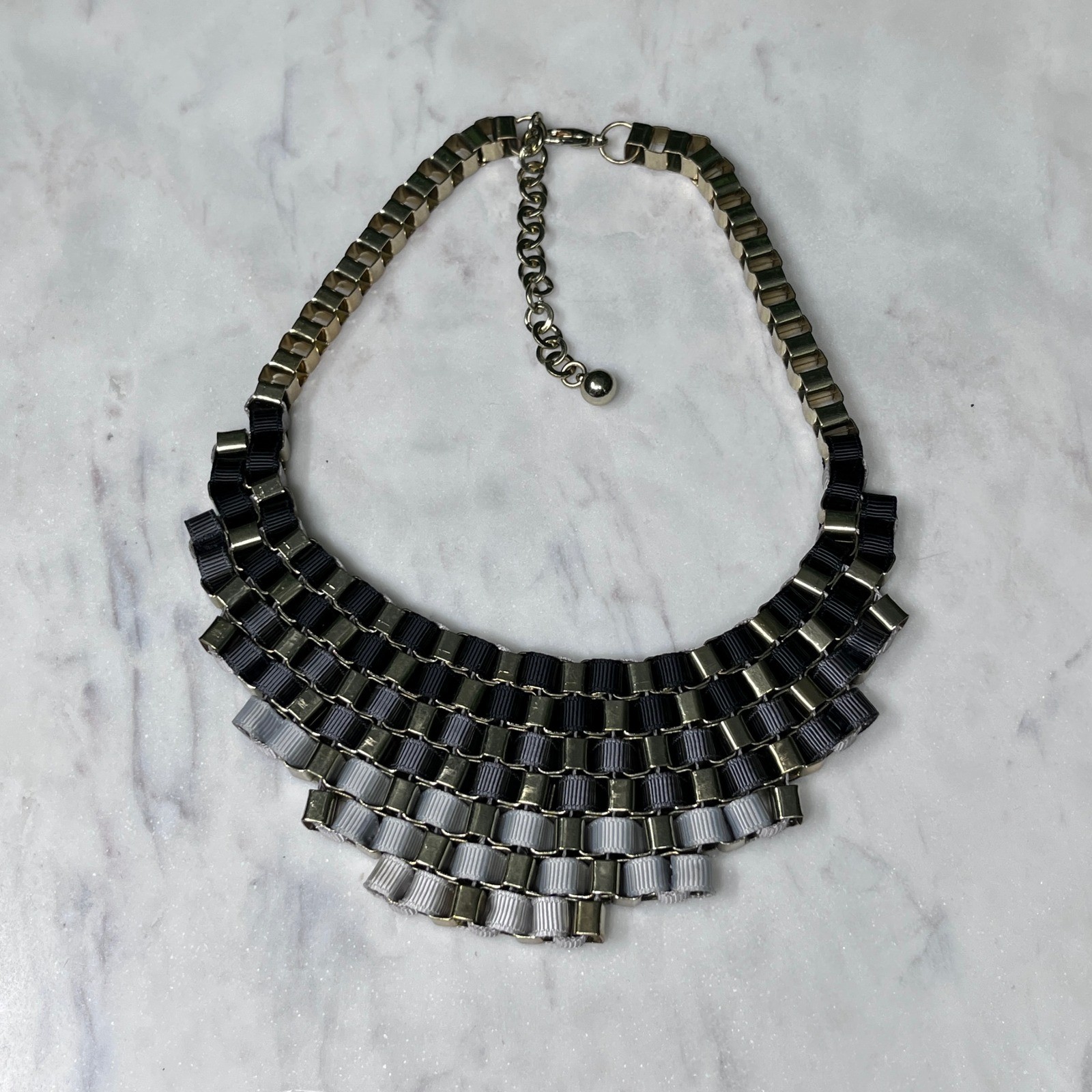 Ribbon Tiered Statement Bib Necklace Black Grey Gold Tone Woven Collar 3801