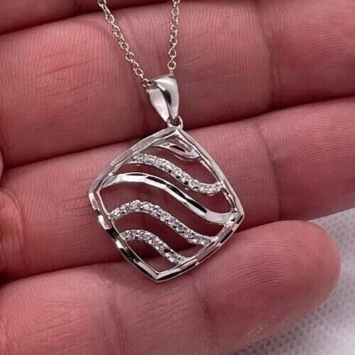 Elegant Bar Pendant Necklace–Round Cut Simulated Diamond 14K White Gold Plated
