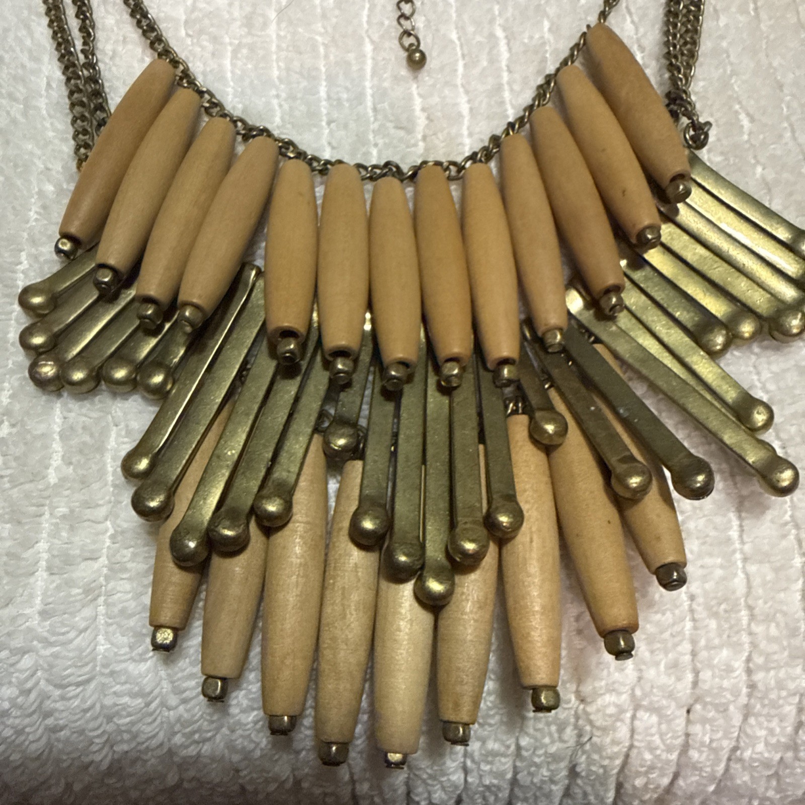 Y2K Boho Statement Necklace Brass and Wood Beads. 16″ Long