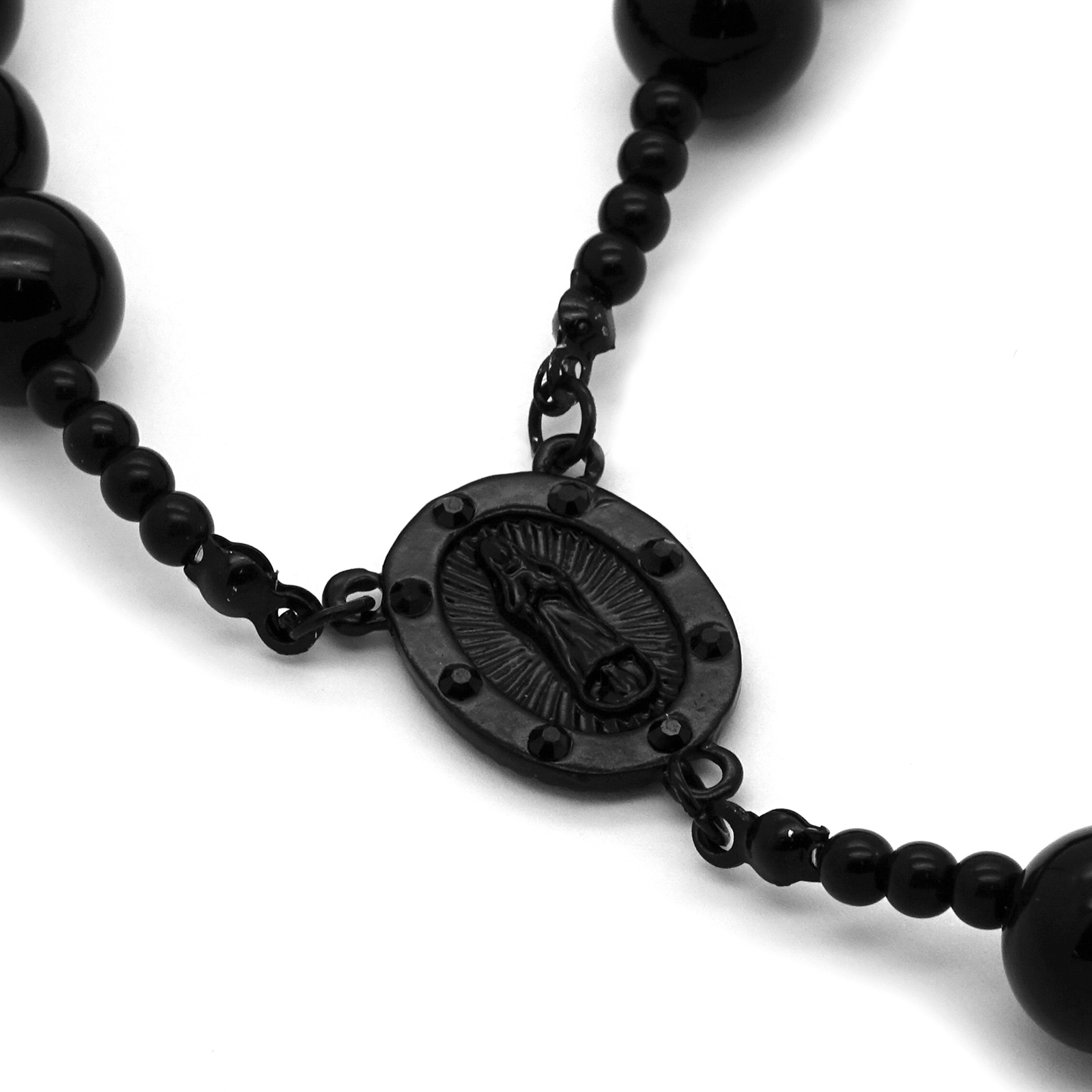 Men’s Hip Hop 15mm MATTE BLACK Beads Guadalupe Rosary & Jesus Cross Necklace BK