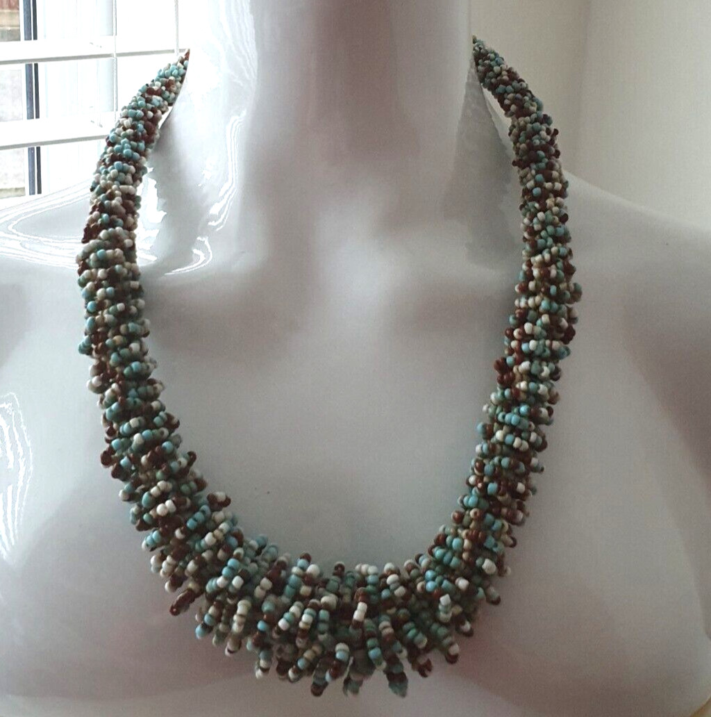 Blue White Brown Twisted Seed Bead None Metal Tribal Ethnic Adjustable Necklace