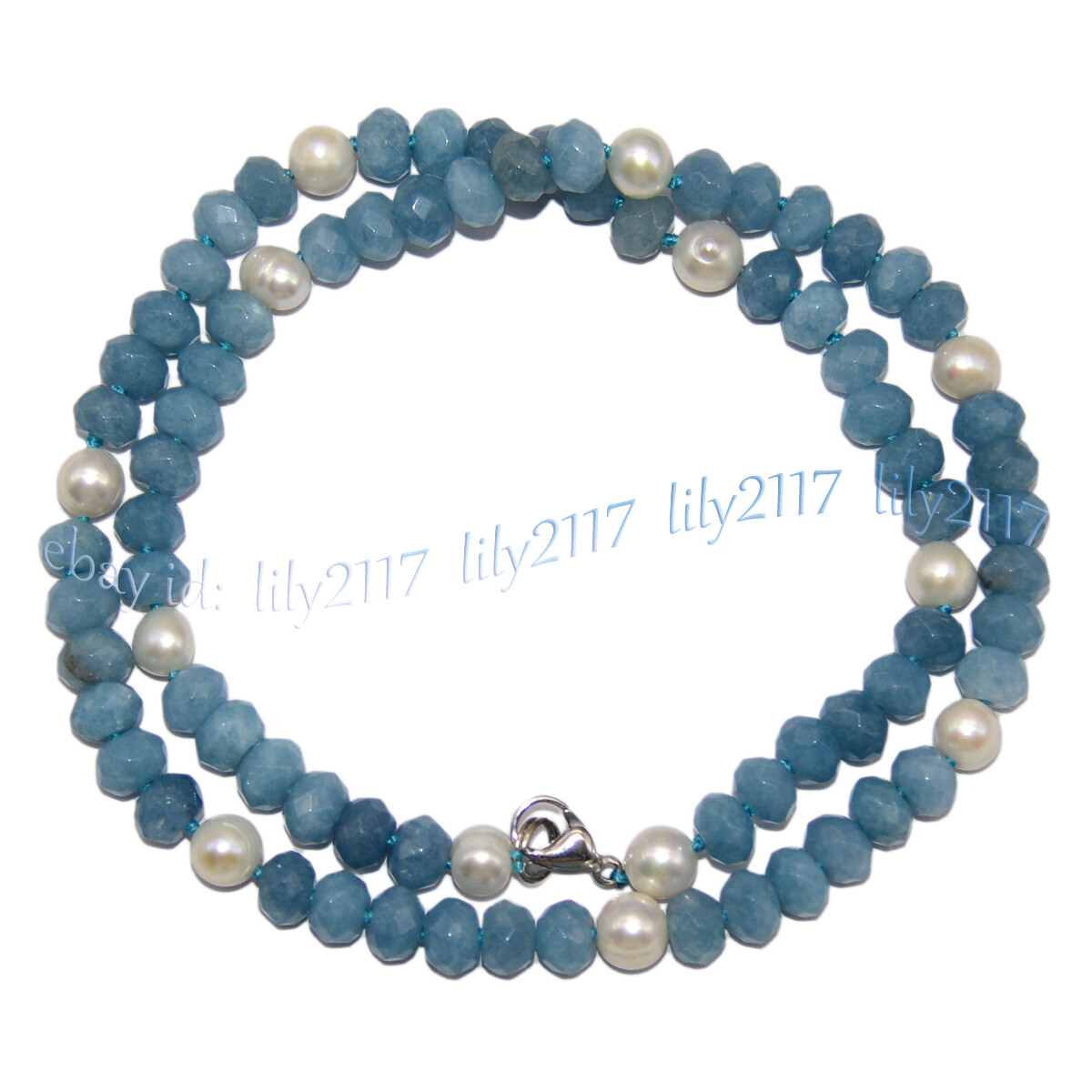 Faceted Blue Aquamarine 5x8mm Rondelle Gemstone Beads 7-8mm White Pearl Necklace