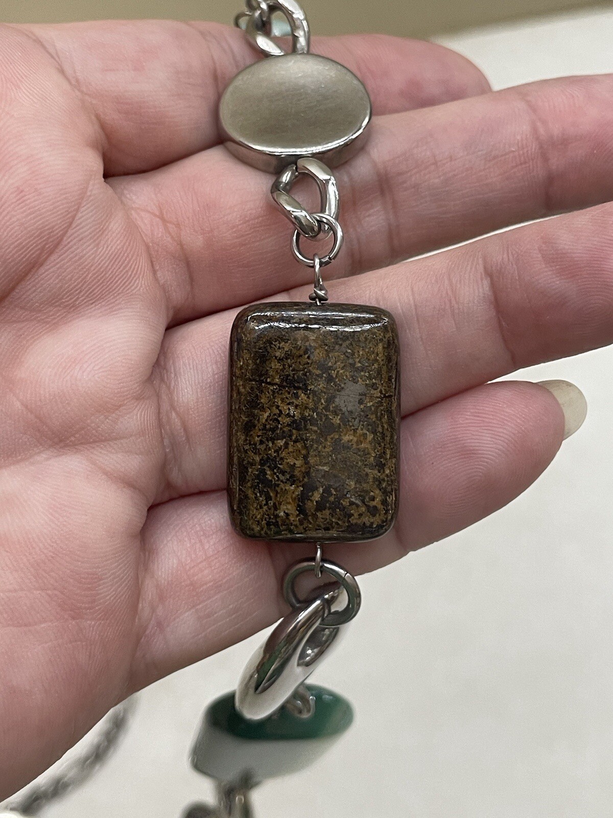 28″ Stainless Steel Green & Brown Stones Figaro Necklace W/ Artist’s Stamp