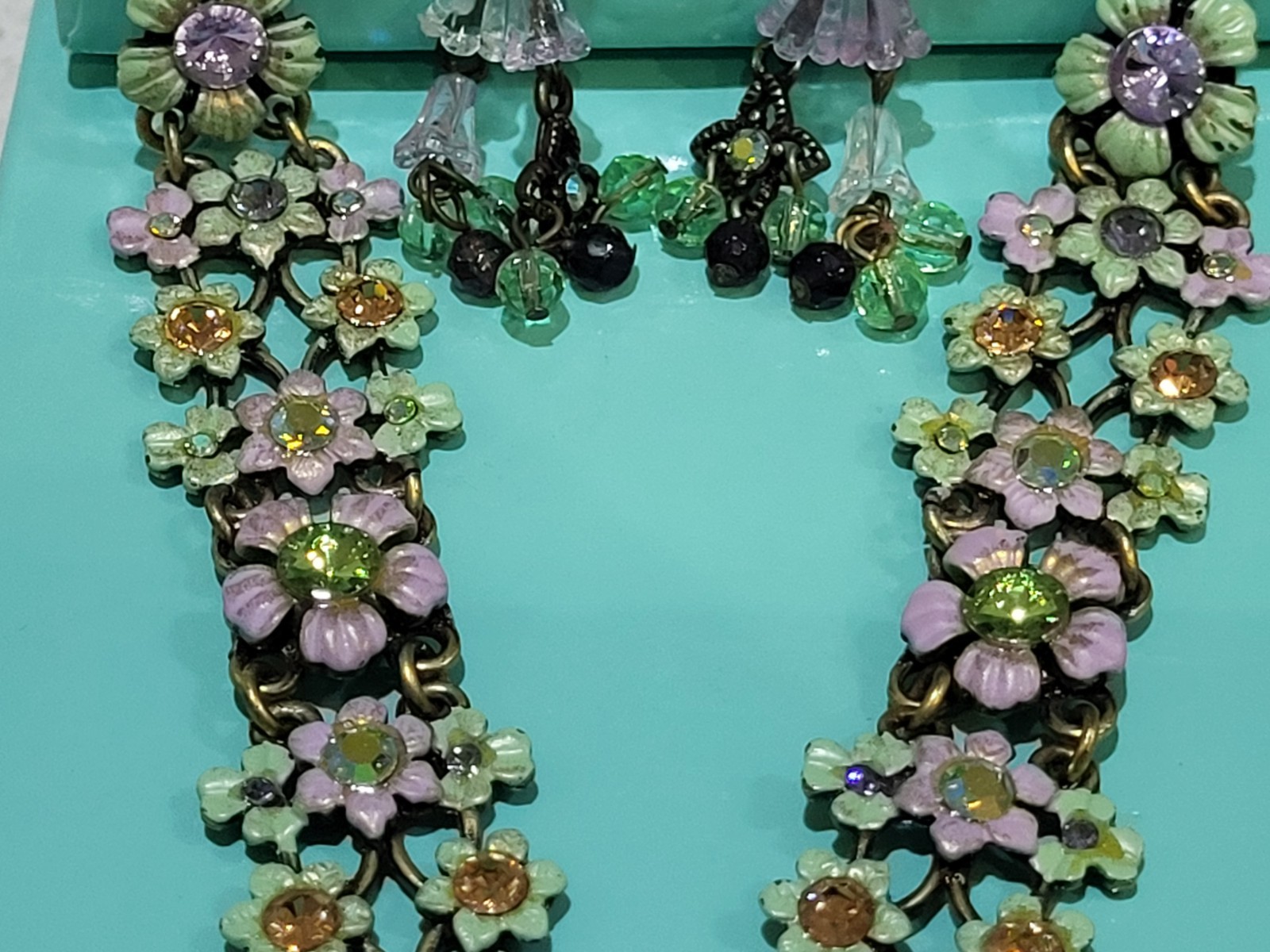 Vtg necklace, earring set Michael Morrison signed MX floral enamel with crystals