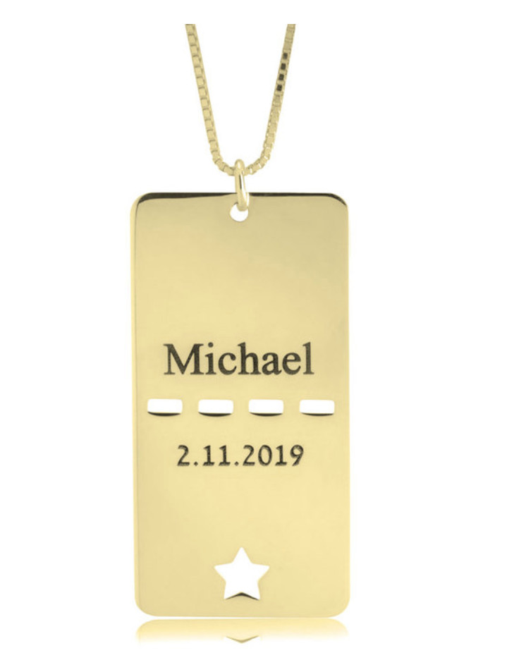 CUSTOM DOG TAG NAME AND DATE NECKLACE: STERLING SILVER, 24K GOLD, ROSE GOLD