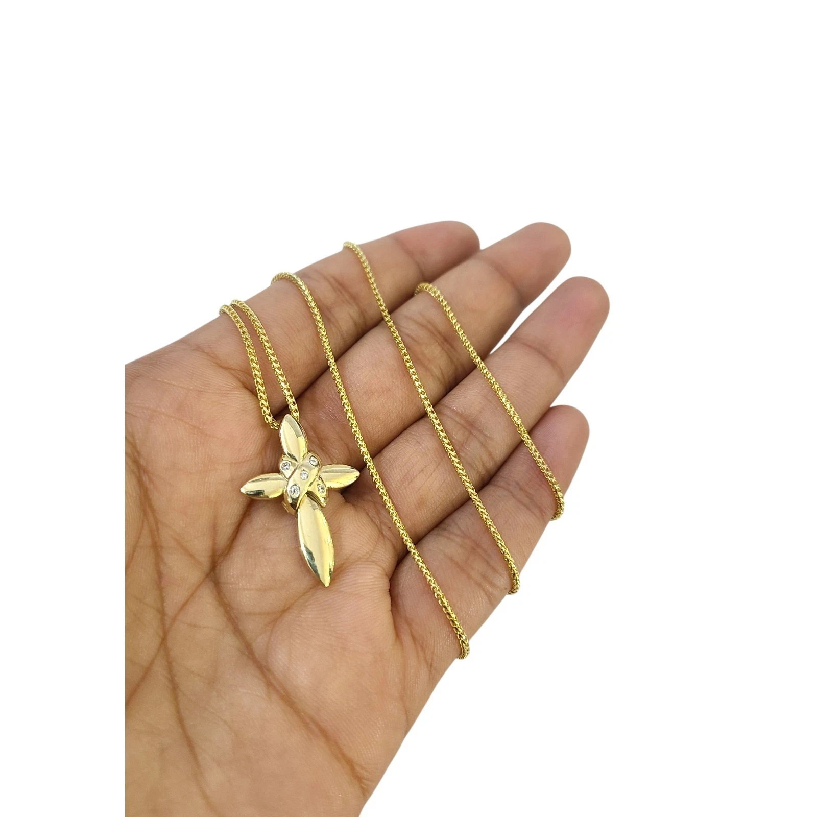 10K Yellow Gold Franco Chain Jesus CZ Stone Cross Pendant 1mm 16 18 20 22 Women